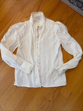 Laura Ashley Vintage lace pintuck pleat high neck blouse pouf sleeves cuffs 10